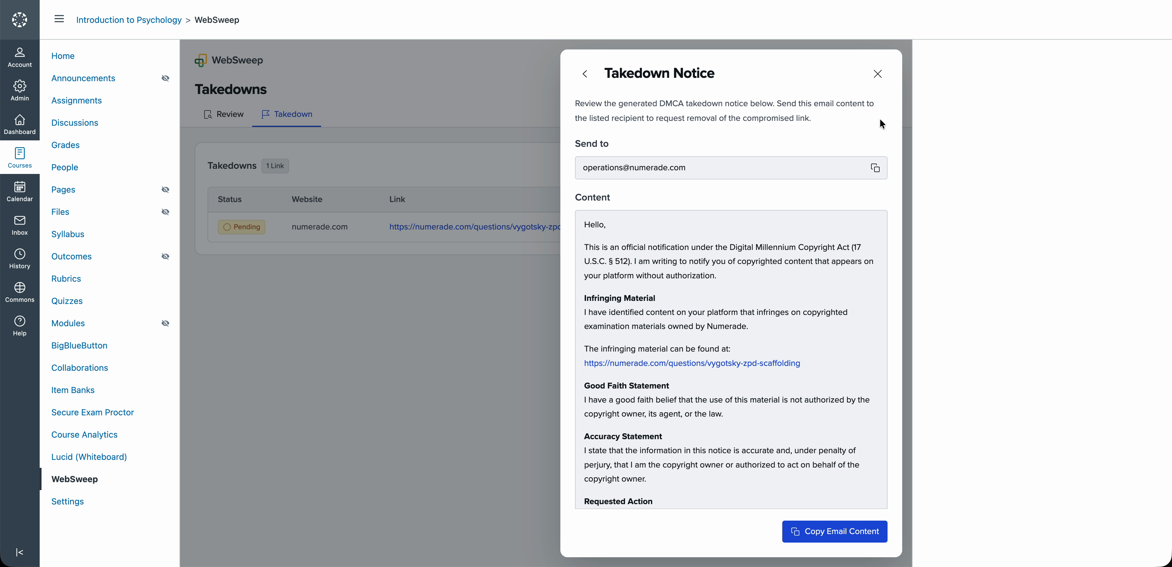 WebSweep DMCA takedown notice ready to send