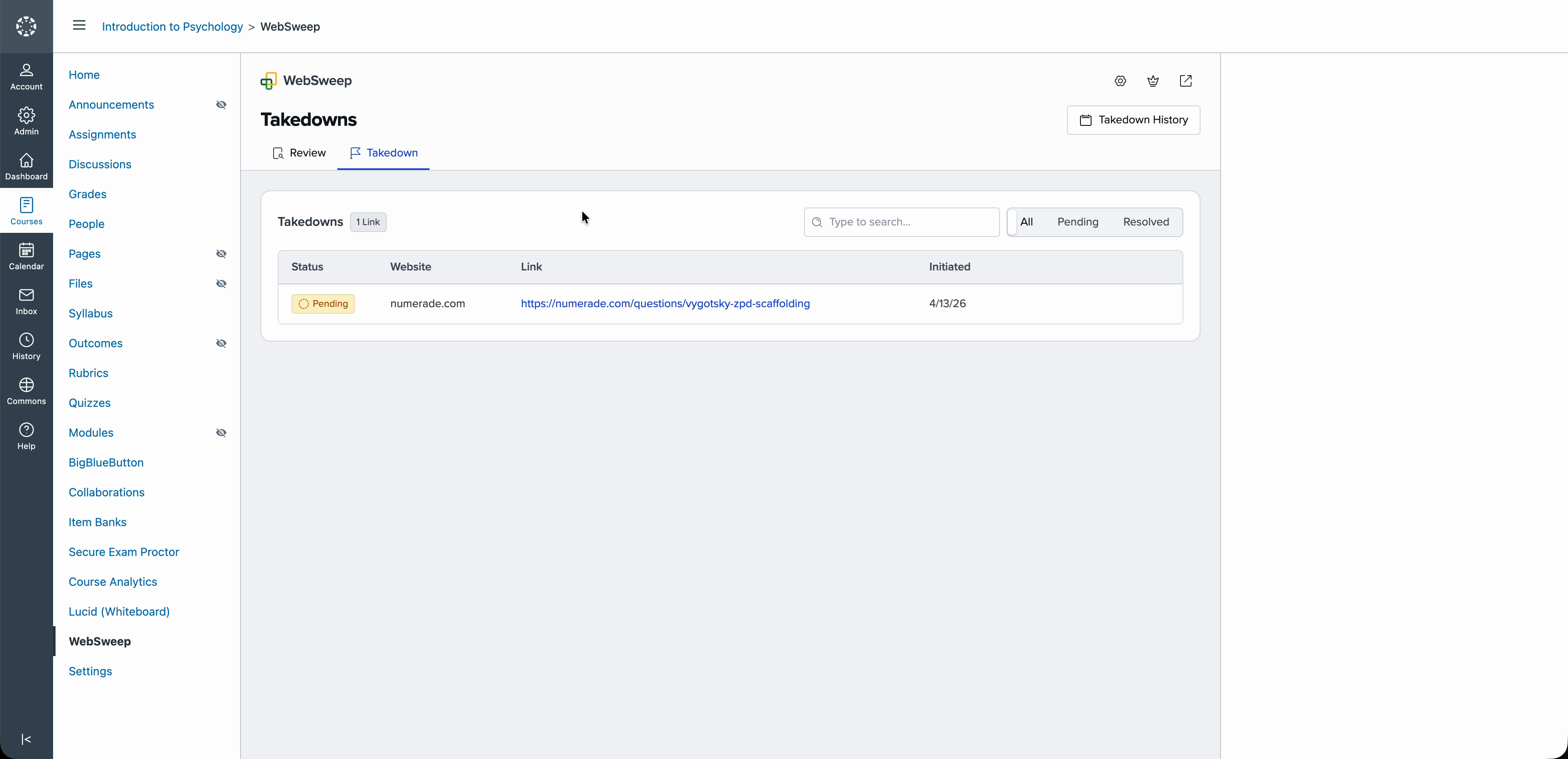 WebSweep takedowns list with status